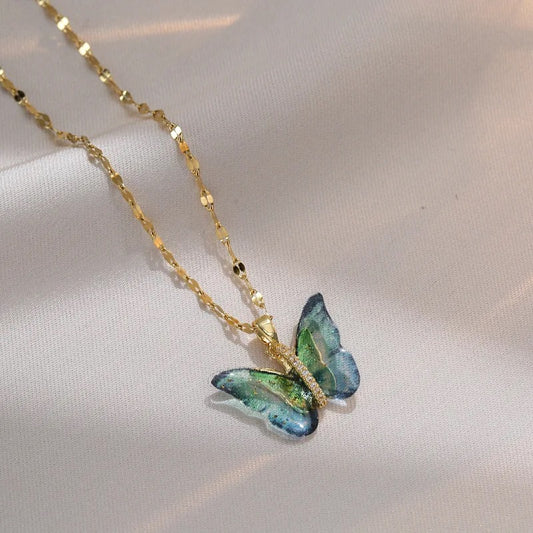 green Colorful Transparent Butterfly Pendant Necklace Jewelry - FLIP LOVOR