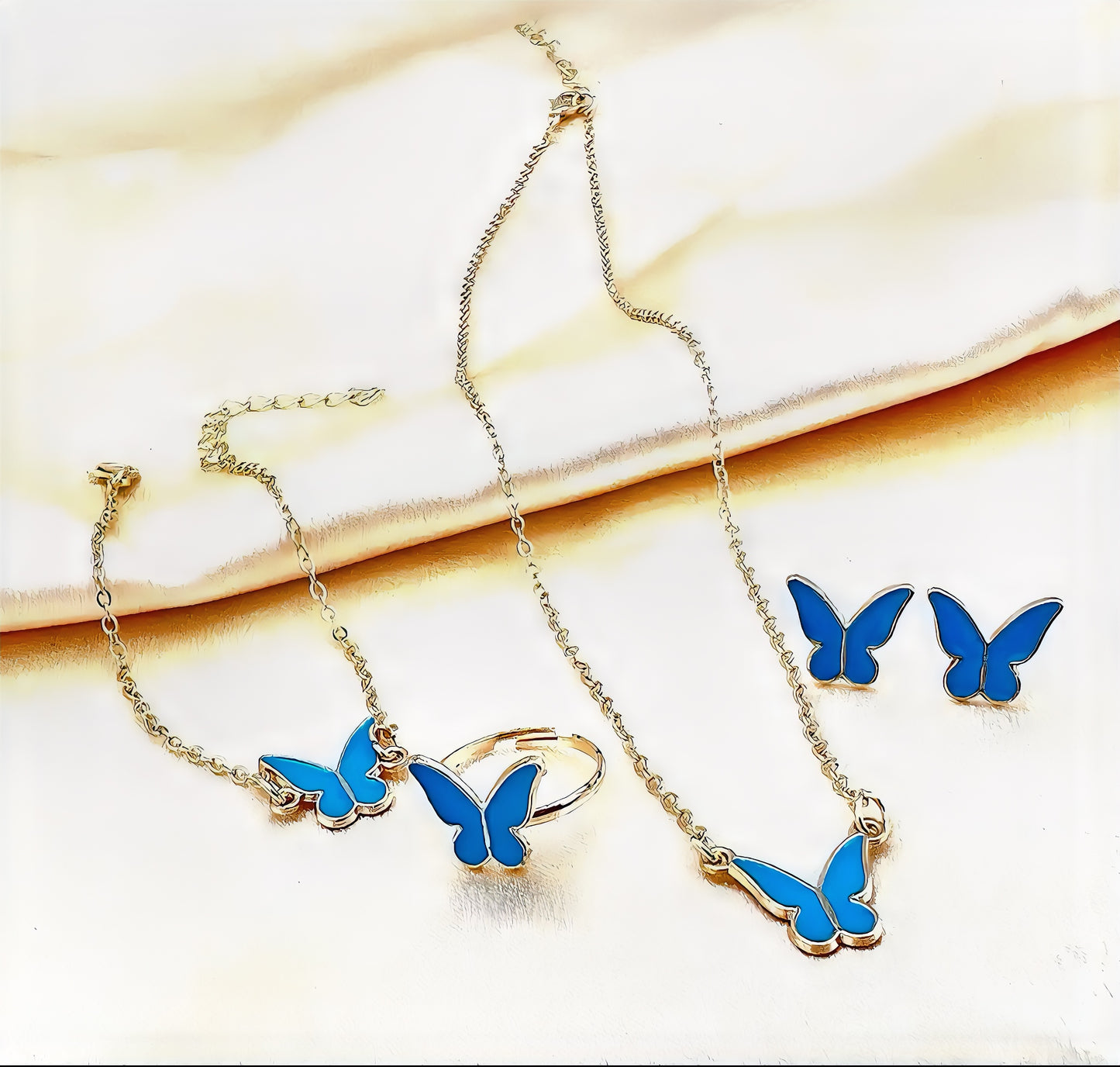 blue Butterfly Chain Temperament Necklace Earrings Rings Jewelry Sets - FLIP LOVOR