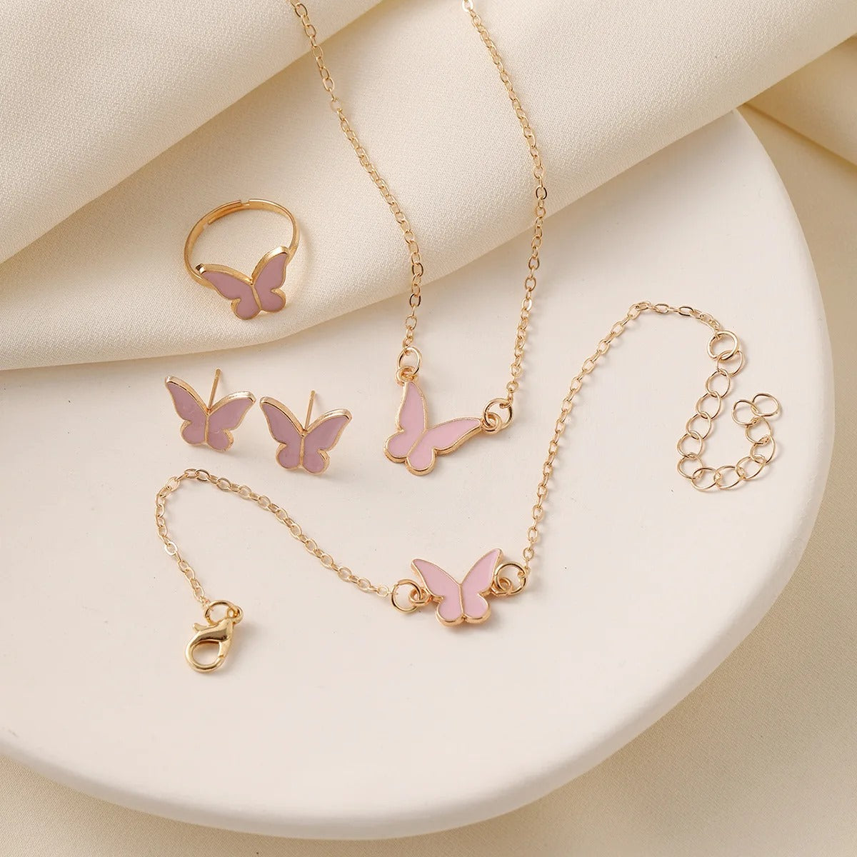 pink Butterfly Chain Temperament Necklace Earrings Rings Jewelry Sets - FLIP LOVOR